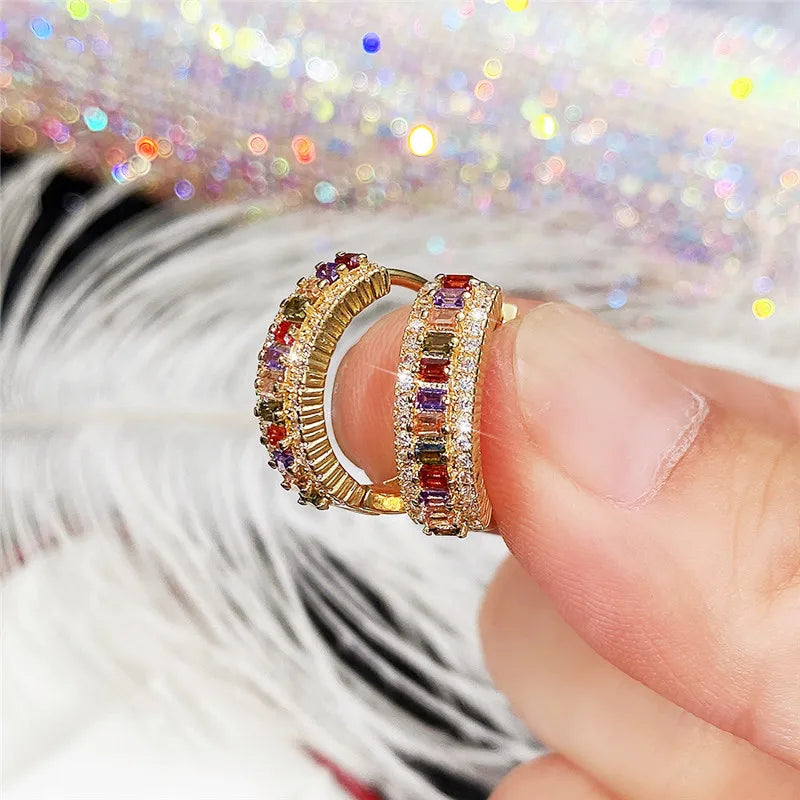 Gold 18K Hoop Earrings with Rainbow Stones